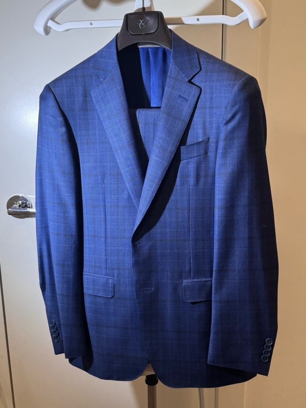 Canali Navy Blue Windowpane Suit Jacket